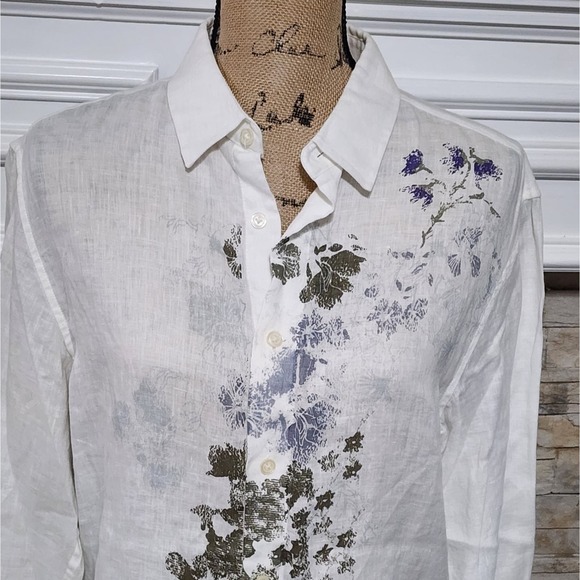 Elie Tahar white green purple floral linen women's button down shirt size medium - Picture 2 of 8